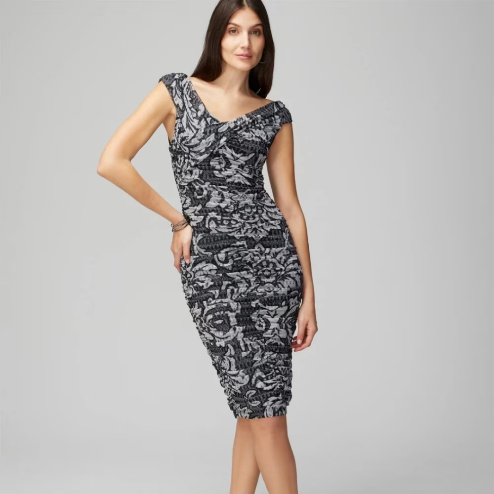WHBM | OTS Ruched Mesh Sheath Dress Shadow Scroll Black 🖤